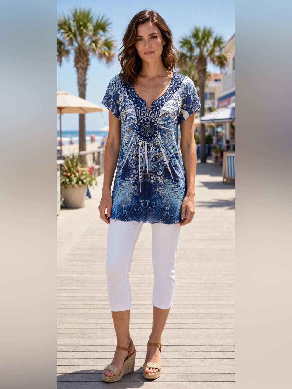 live and let live Blue and White Embroidered V-Neck Short Sleeve Tunic